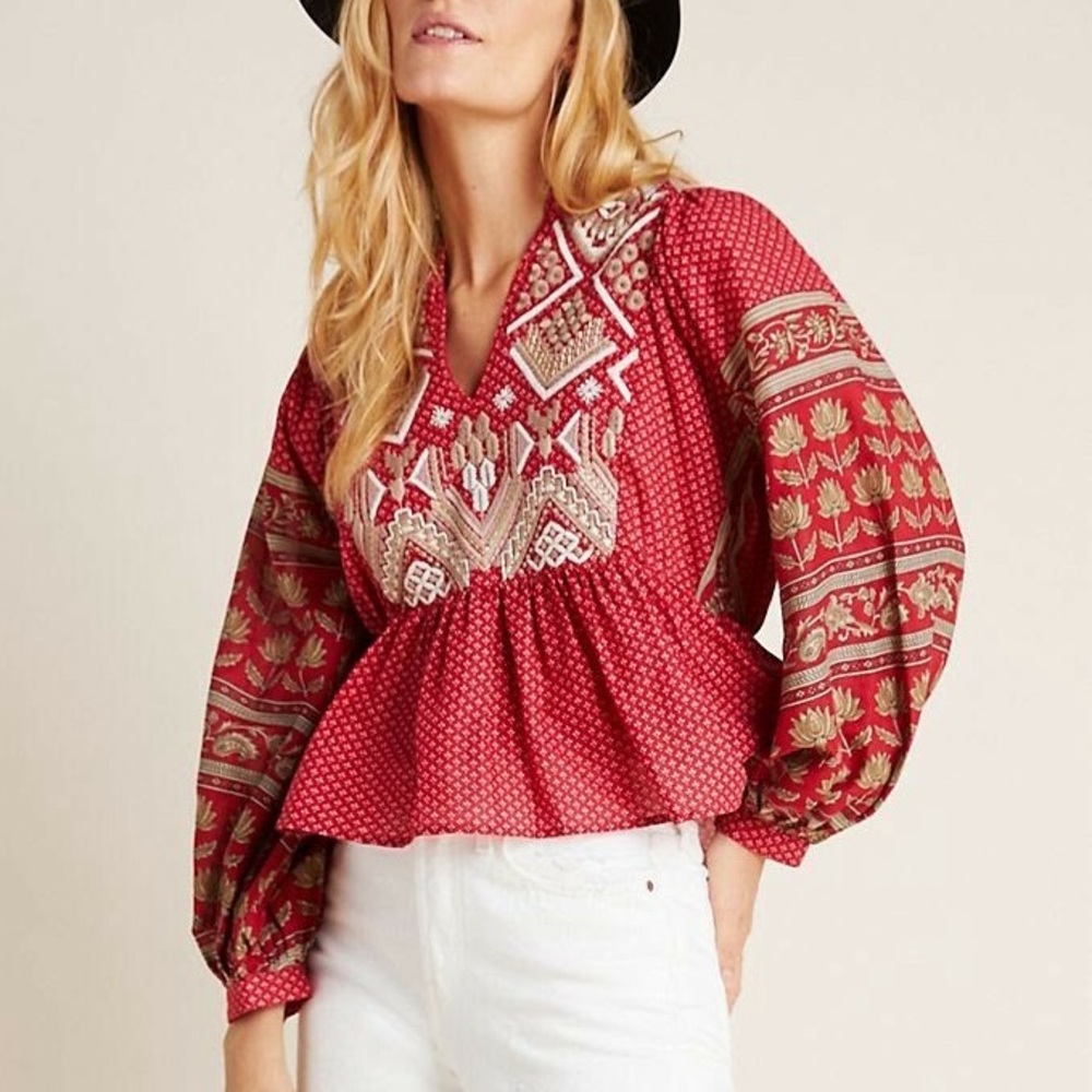 Anthropologie Keira Embroidered Peplum Blouse Size 2